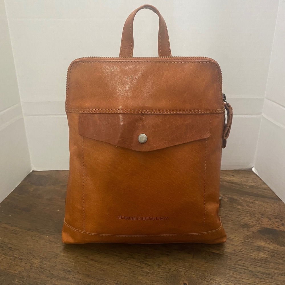 Spikes&Sparrow Cognac Brown Leather Backpack Purse Houndstooth Lining Organizer